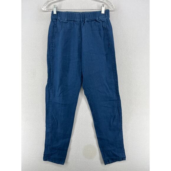 Linen Fox Pants - LINEN FOX Pants M Mara Linen Trouser Tapered High Rise Elastic Waist Ankle Blue